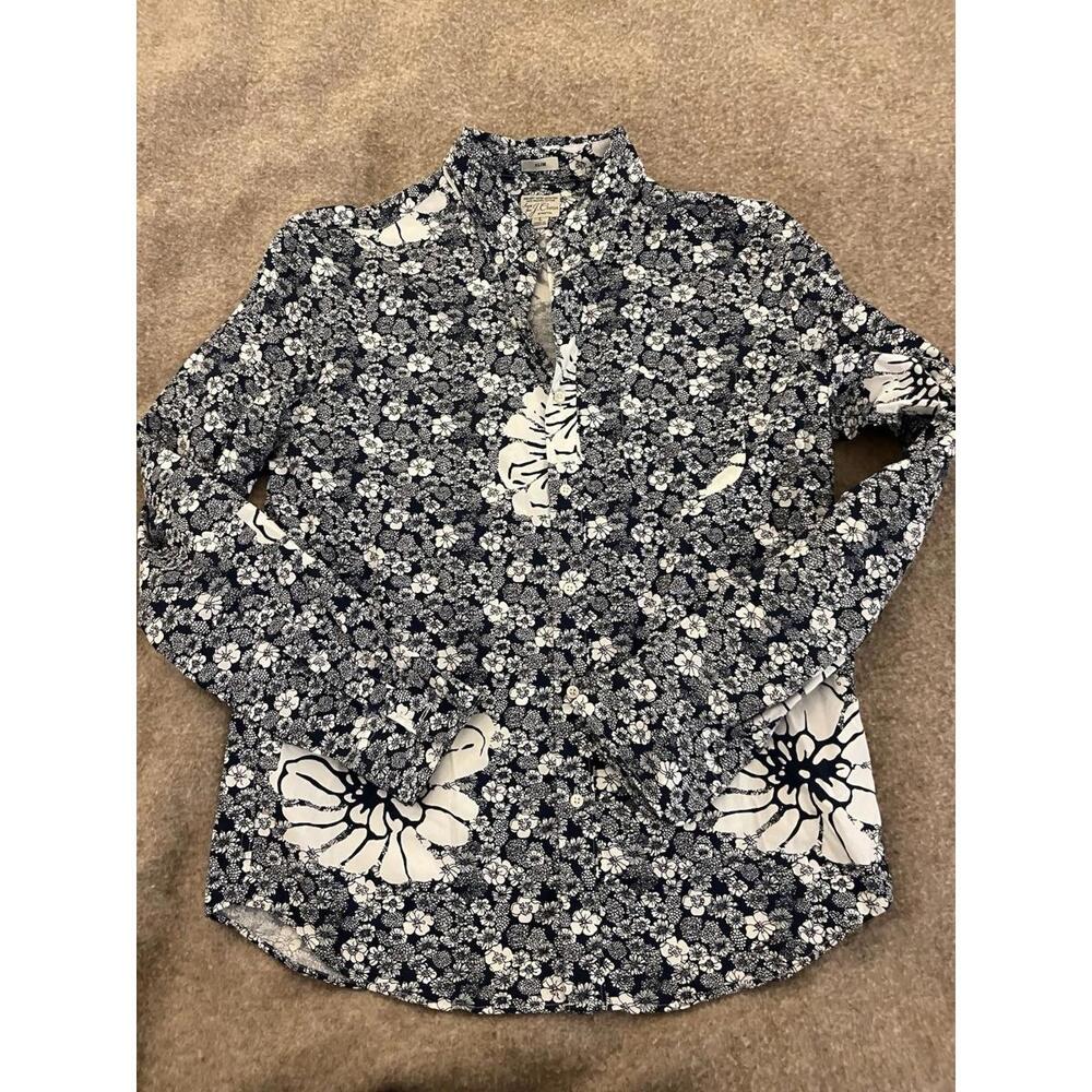 J.Crew Mens L Blue Floral Secret Wash Slim Organic Cotton Oxford Shirt Stretch